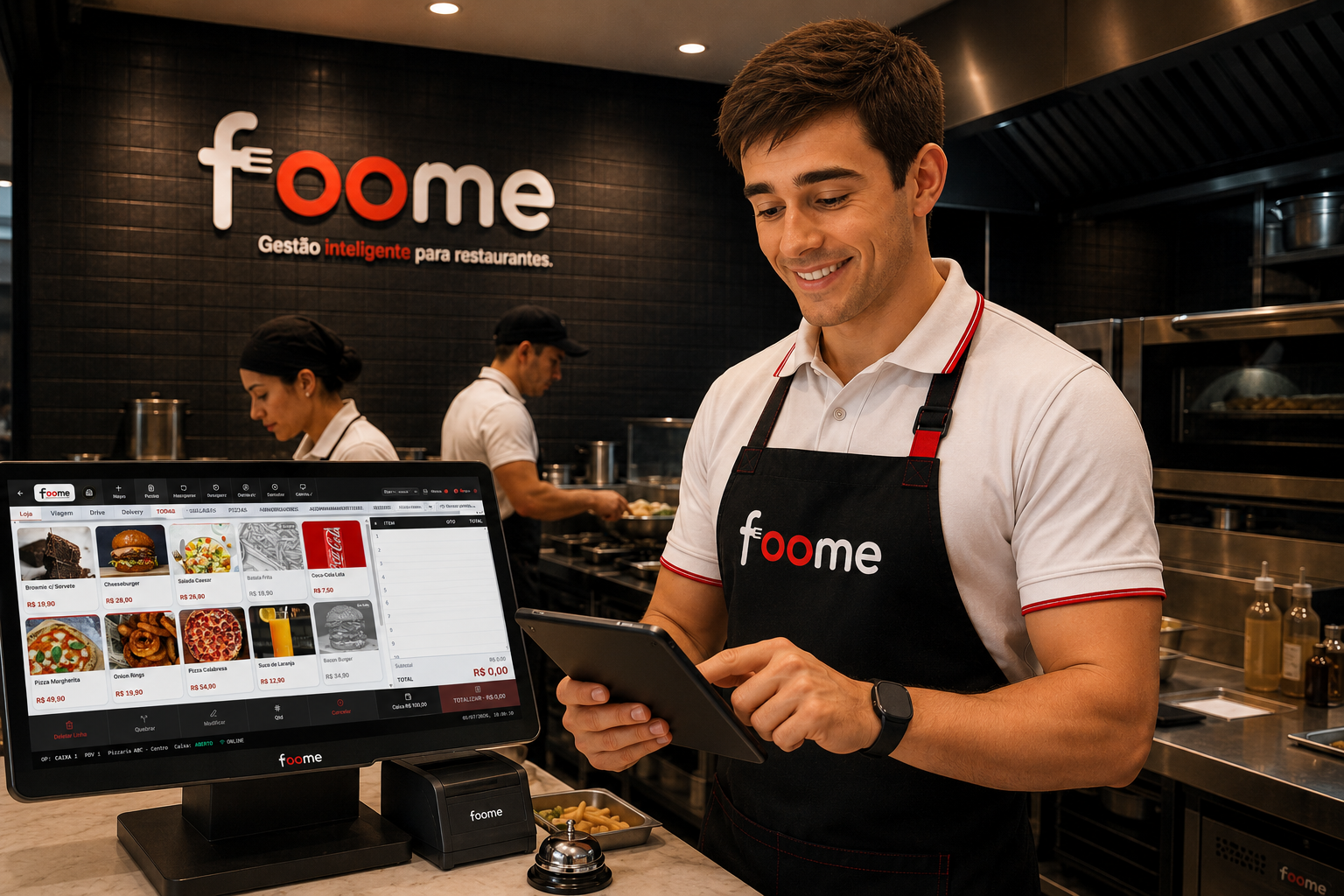 Atendente usando o Foome em um restaurante